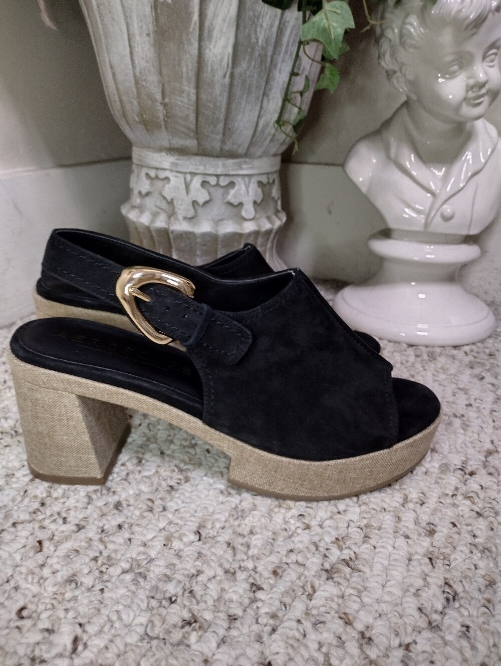 AEROSOLES Studio Zella Black Suede & Taupe Linen Platform Slingback Sandals